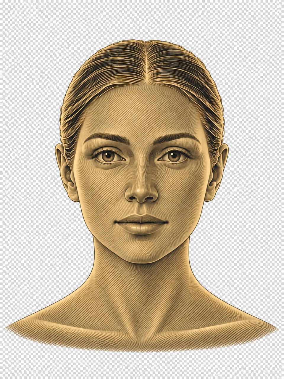 Visage de face et cou, illustration au relief doux et à la trame diagonale.