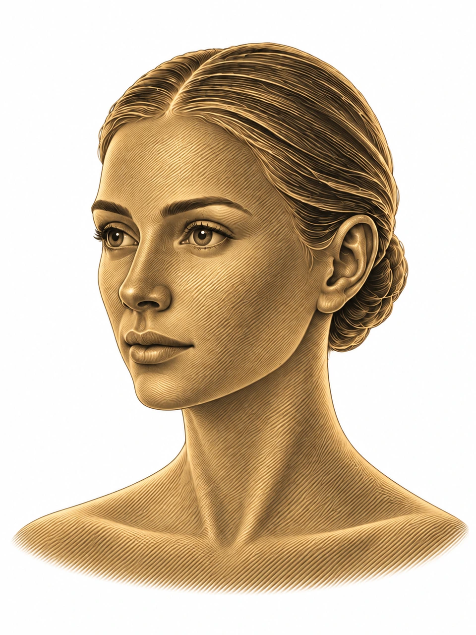 Visage de trois-quarts, tempe, joue et mâchoire visibles.