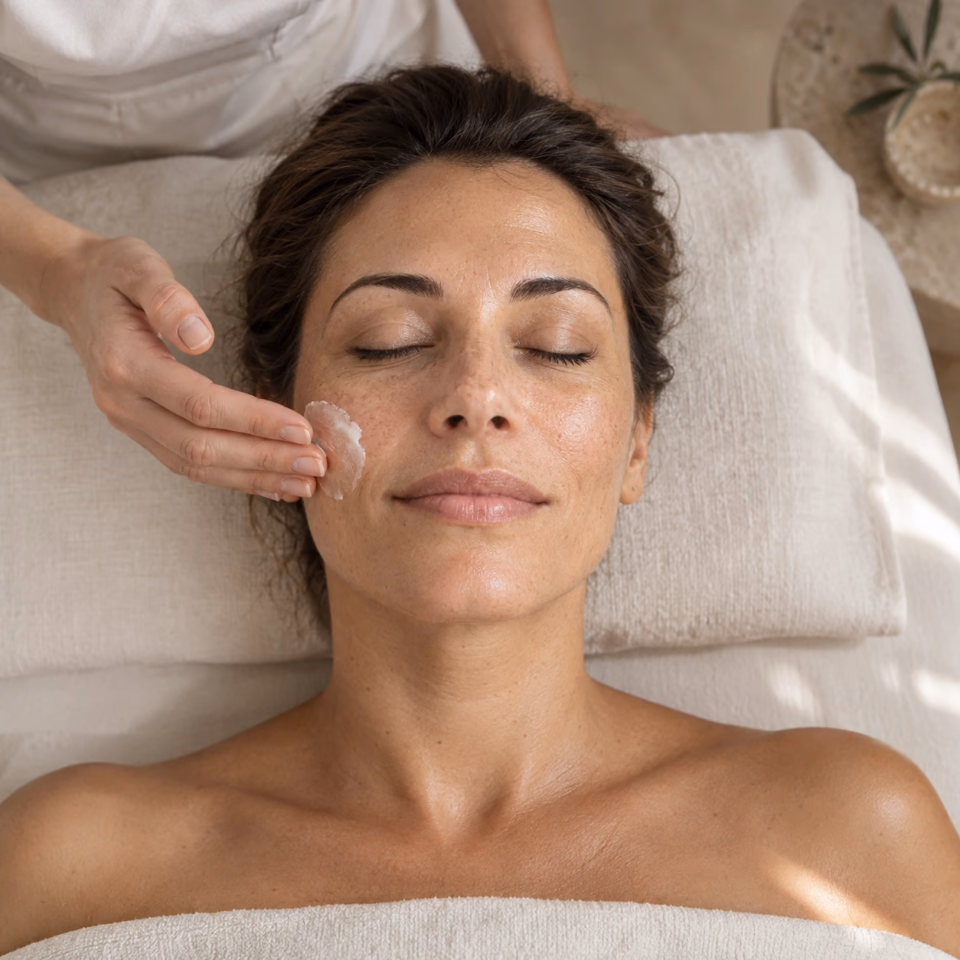 Personne allongée pendant un soin du visage, application de crème sur la joue